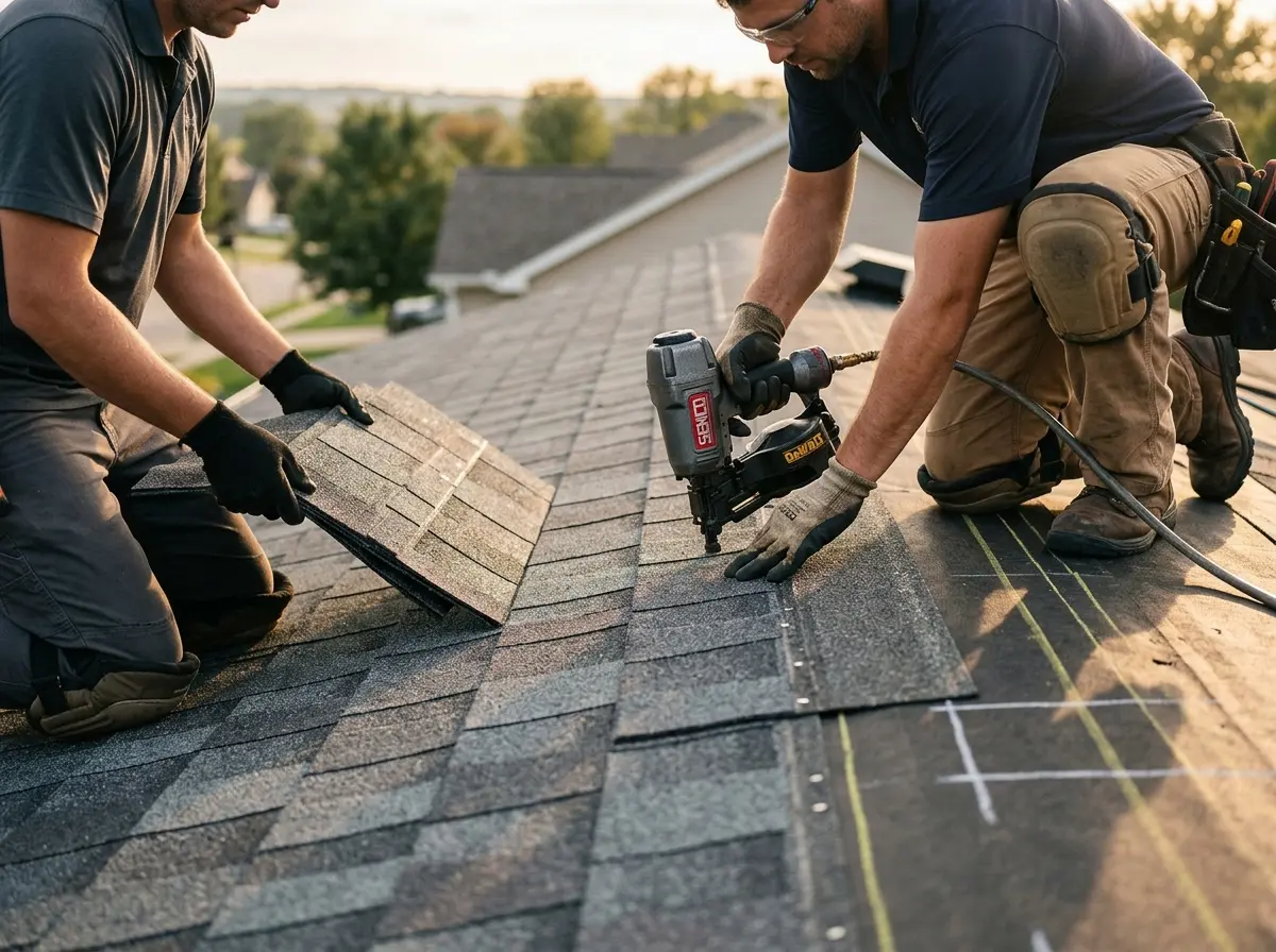 Professional roofer working on a residential roof in New Hope